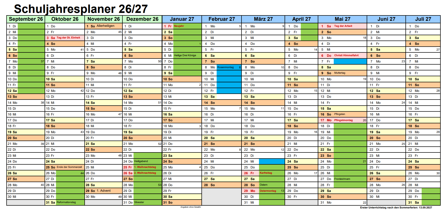 Schuljahresplaner 2026 2027